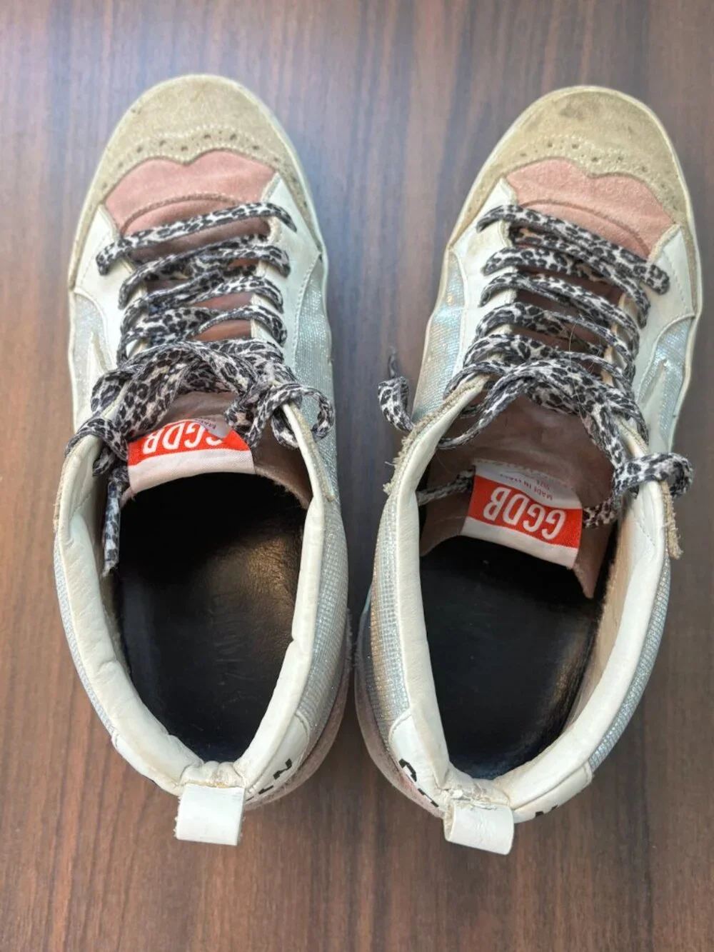 Vintage Golden Goose Womens Pink and Silver Mid Star Sneakers with glitter